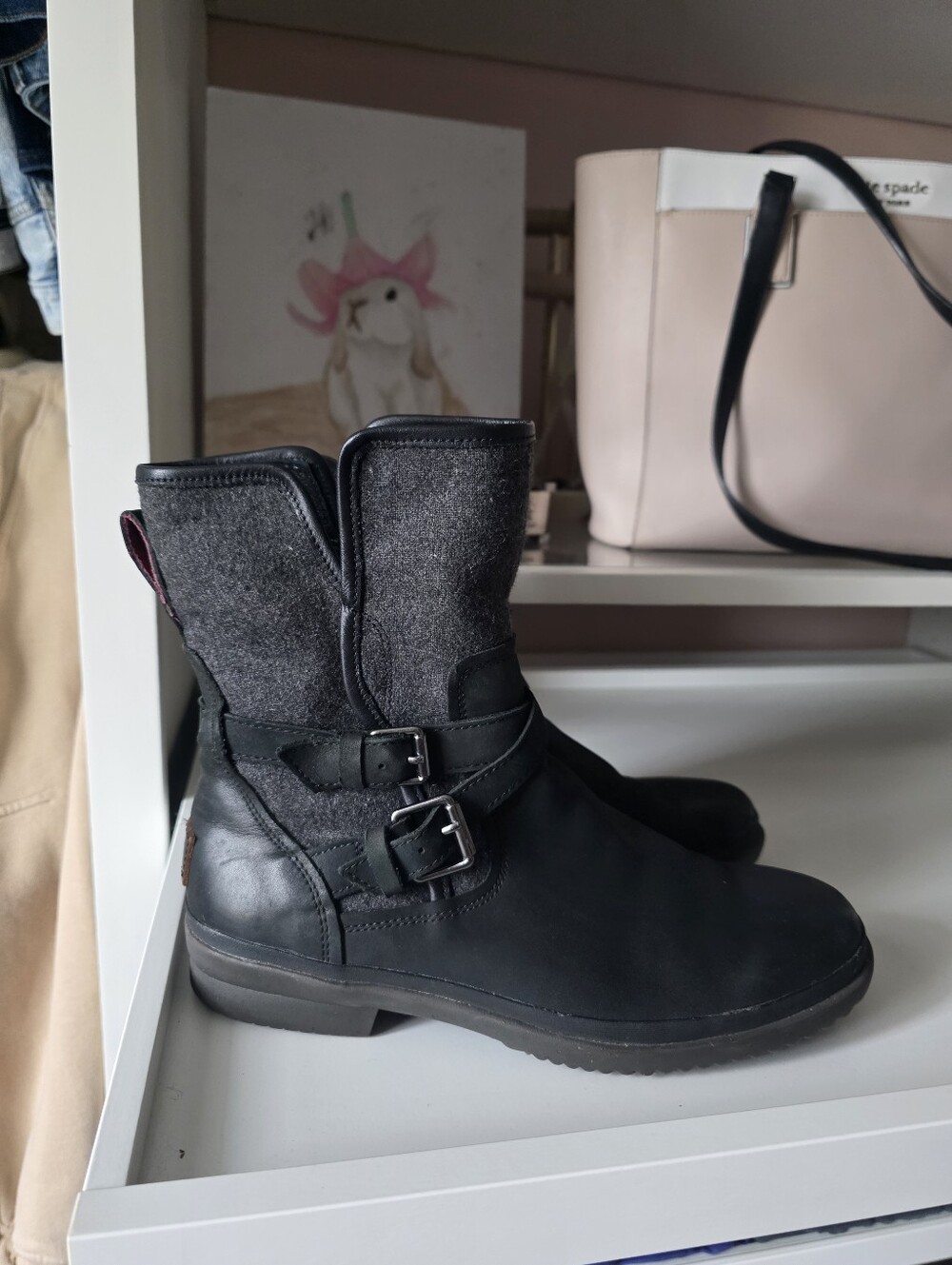Ugg  Black Leather & Gray Fabric Ankle Boots with Buckle Detail
